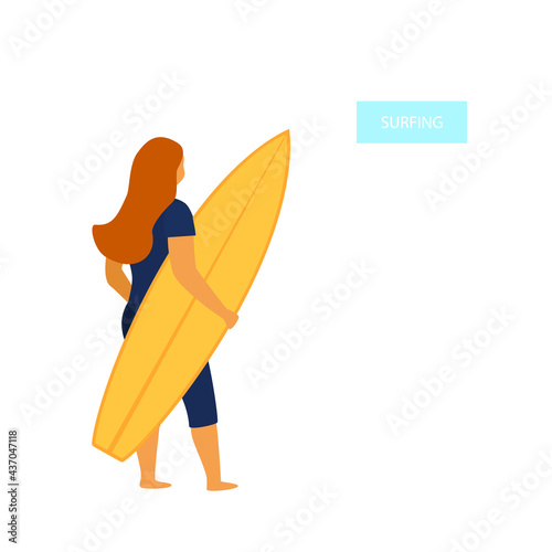young woman surfer standing backside with surfboard vector illustration
