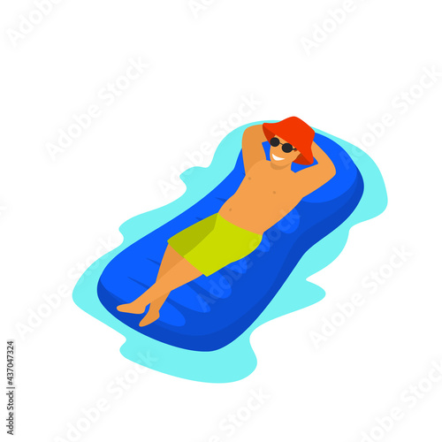 man is swimming on inflatable mattress in the pool vector illustration