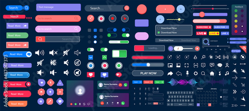 Set of elements for the interface. Universal UI, UX kit for app or web. Constructor for interfaces design. Colorful navigation long web button. Interface buttons. Web UI elements for browsers. Vector photo