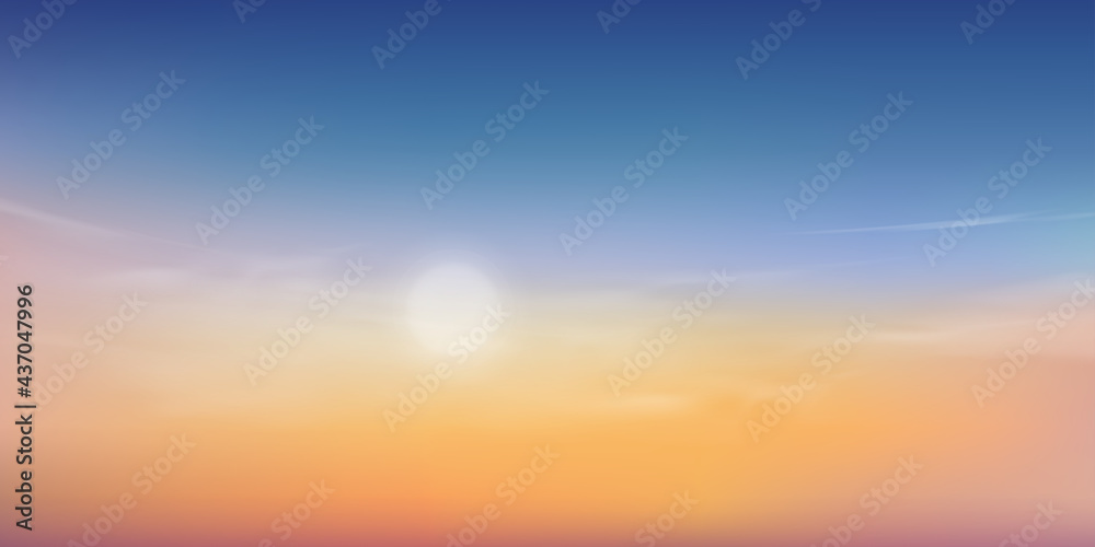 Summer Sunset Dusk Sky in Evening with Pink,Orange,Yellow and Blue colour,Dramatic twilight landscape of Skyline with cloud,Vector natural horizon banner of Sunrise for Spring or Summer background
