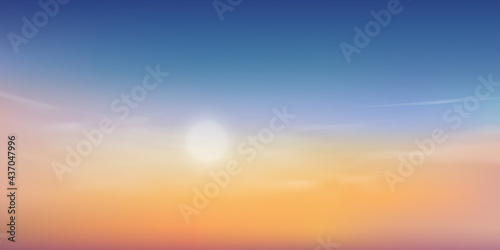 Summer Sunset Dusk Sky in Evening with Pink,Orange,Yellow and Blue colour,Dramatic twilight landscape of Skyline with cloud,Vector natural horizon banner of Sunrise for Spring or Summer background