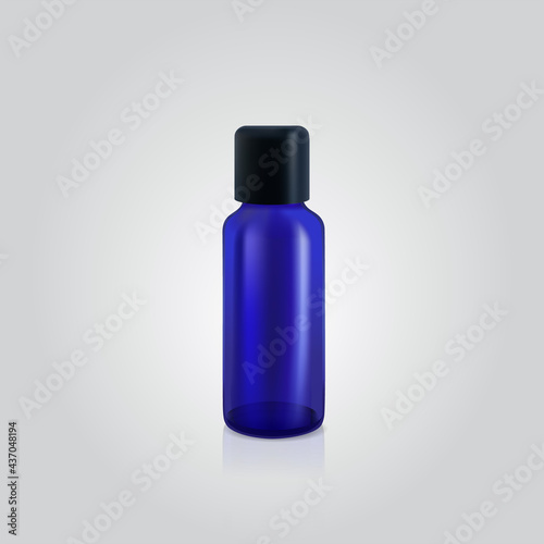 Blue glass bottle empty, realistic vector cosmetic, perfume, oil container isolated on white background.