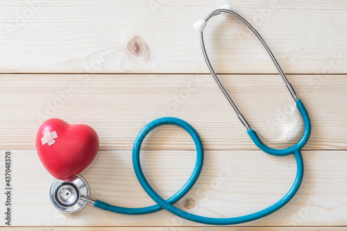 Heart health, cardiac disease, cardiological health care service with medical doctor stethoscope for cardiovascular illness, cholesterol test, high pressure blood control and world health day concept