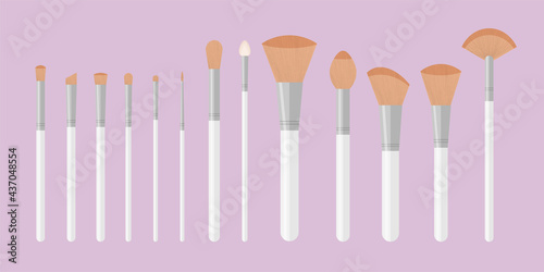 Set of white pure professional brushes for makeup. Make up artist kit. Angle, fan and flat glamour brush. Vector illustration isolated on pink background.