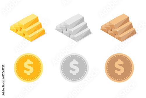 Stack of isometric shiny gold, silver and bronze bars or ingots isolated on white background. Dollar coins icon. Business concept. Icon for web, games, apps. Vector illustration.