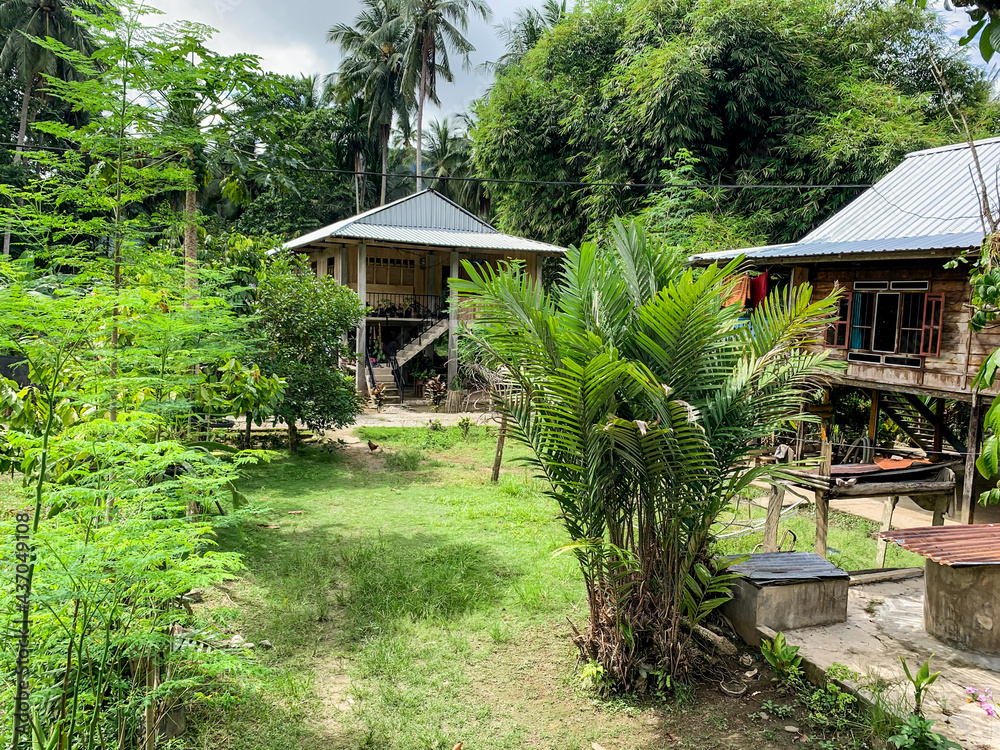 tropical garden with bugis traditional house. tropical garden with bugis traditional house.