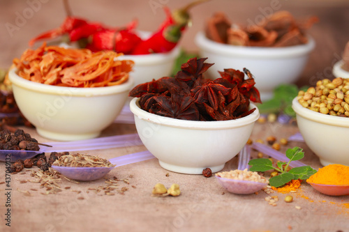 Spices and herbs in white bowls,indian Exotic Gourmet Food Ingredients: incl Turmeric,spice for the Indian curry,garam Masala,tandoori Masala,