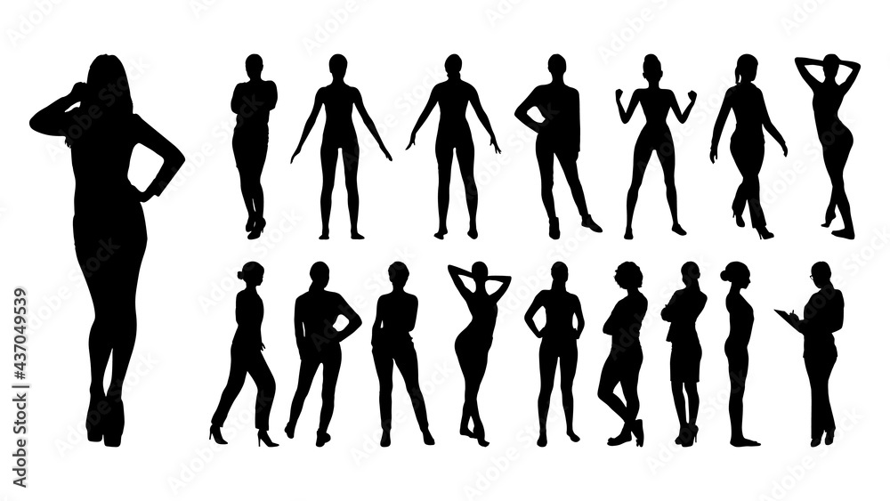vector black silhouettes of women on white background, girls silhouette ...