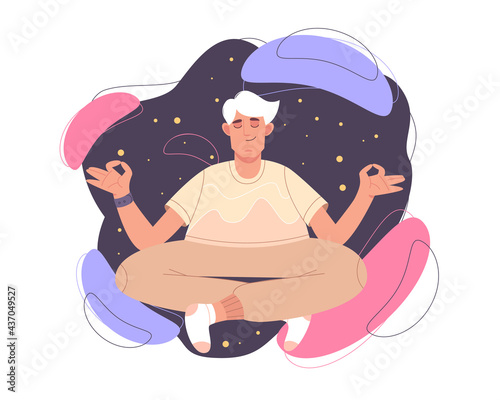 Flat calm man with closed eyes and crossed legs meditating in yoga lotus posture. Happy person doing meditation exercise, mindfulness practice, spiritual discipline. Concept of zen, harmony or health.