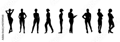 vector black silhouettes of women on white background, girls silhouette