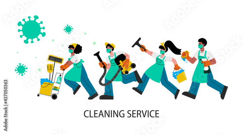 Janitors team in rubber gloves run to clean and disinfects homes and offices.Vector flat illustration.