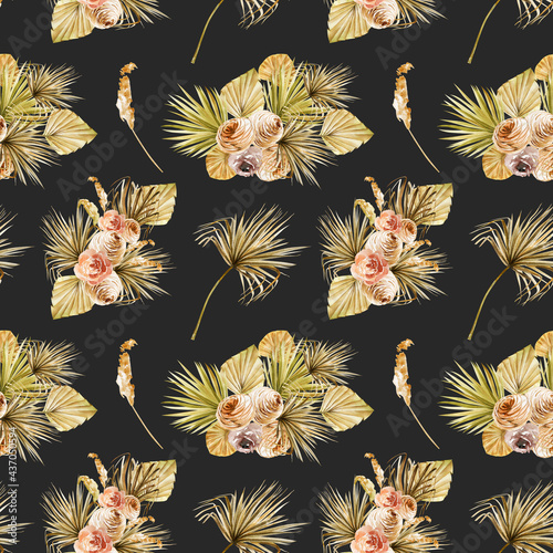 Seamless pattern with bouquets of watercolor dried roses, pampas grass and dried fan palm leaves, illustration on dark background photo