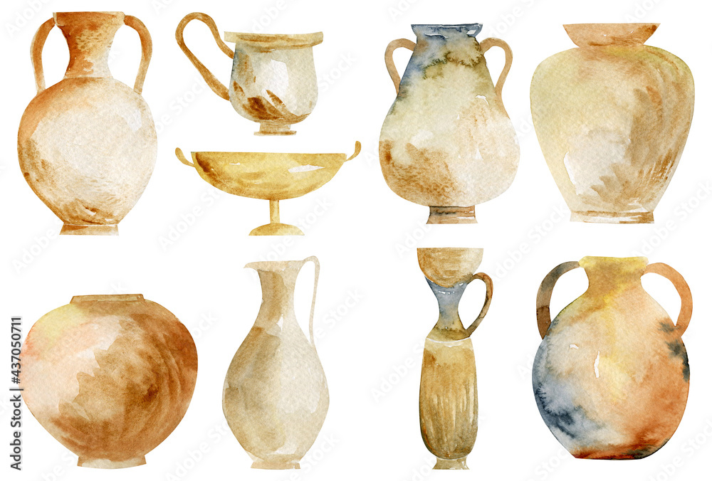 Set of watercolor ancient pottery, isolated illustration on white background - obrazy, fototapety, plakaty 