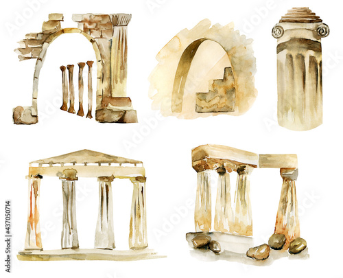 Photography Set of watercolor antique architectural elements, isolated illustration on white