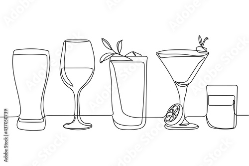 Continuous one line of best selling drinks cocktails in silhouette. Linear stylized.Minimalist. photo