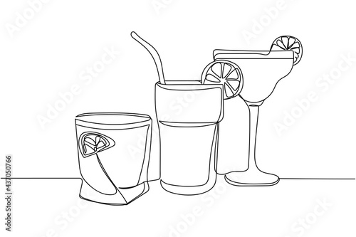 Continuous one line of different delicious cocktails in silhouette. Linear stylized.Minimalist.