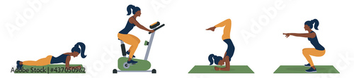 Set of slim sportive young black woman doing fitness exercises. African-American girls plays sports. Black female character  performs handstand, exercise bike, plank, squats. Flat vector illustration