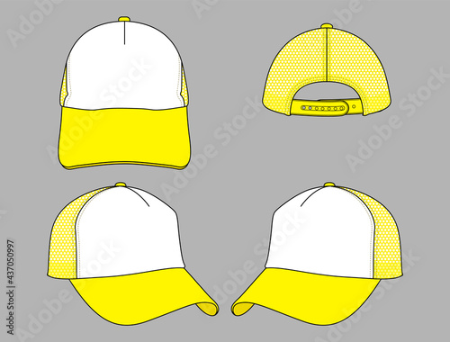 Two Tone Mesh Trucker Cap Yellow-White With Adjustable Snap Back Strap Design Vector.