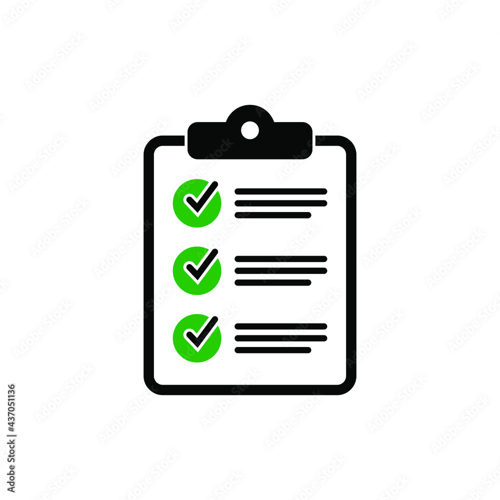 Clipboard with checklist icon for web with green check boxes isolated on white background. Clipboard with checklist icon for web with green check boxes isolated on white background.