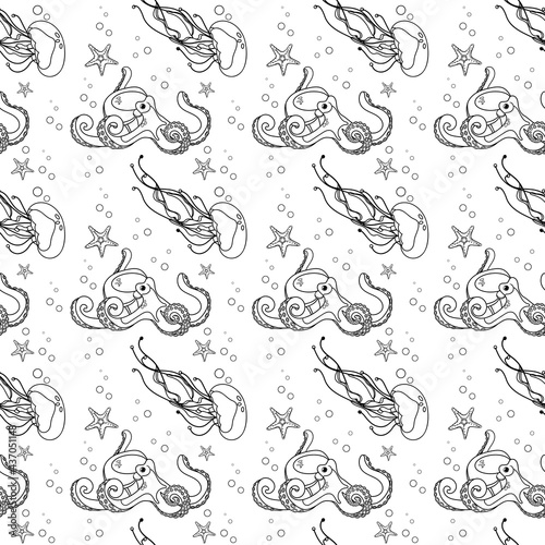 Seamless pattern with marine life, jellyfish and octopus. Black outline, silhouette of marine animals. Print on fabric or on notepads, background image for your design. EPS10.