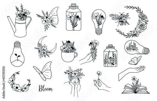 Wildflower vector illustration set. Floral designs bundle, flower moon, bee, butterfly, woman, hands, light bulb, cup, book photo