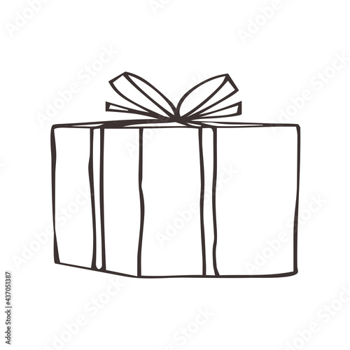 Gift box with cute bow in sketch doodle style. Black and white hand drawn vector illustration isolated on white background. Outline icon of holiday gift box. Holiday Christmas birthday party present s