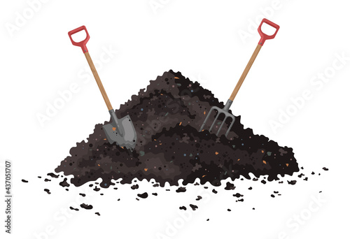 Hayfork and shovel in a pile of ground. One big brown heap of organic compost in side view isolated vector illustration EPS10