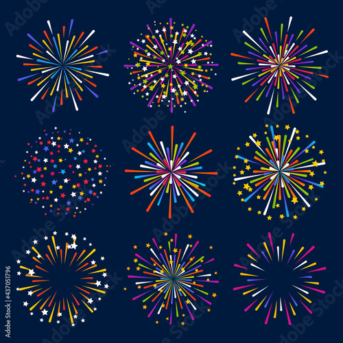 Set of color fireworks on night sky background for anniversary holiday design