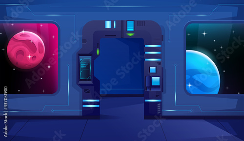 Futuristic open door on shuttle with neon. Hud. Two viewports for a view of other planets. Cartoon style. Vector