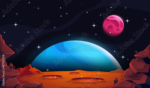 Landscape of Mars with the planet earth. Orange desert with meteorite craters and rocksм. Gaming vector background. Cartoon style.