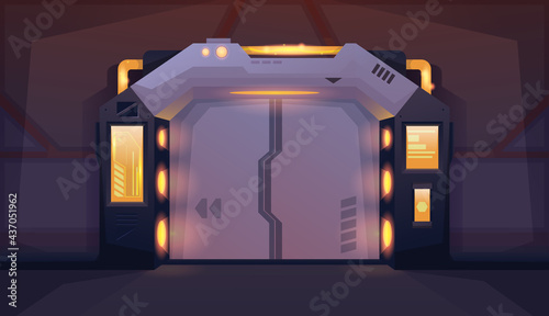 Spaceship interior room with closed door. Hallway with yellow lamp. Background for games and mobile applications. Vector cartoon background