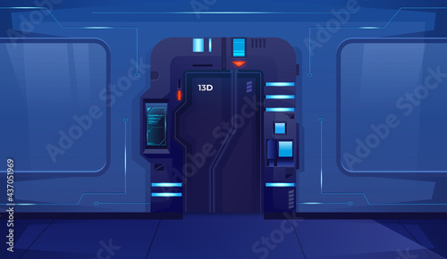 Fototapeta Naklejka Na Ścianę i Meble -  Sliding spaceship closed door with blue lamps. Background for games and mobile applications. Vector cartoon background