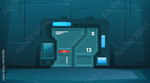 Closed door on spaceship. Background for games. Hallway with locked room. Vector