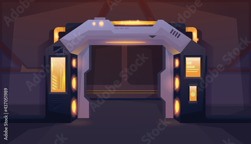 Spaceship open door. Hallway with yellow lamp. Background for games and mobile applications. Vector cartoon background