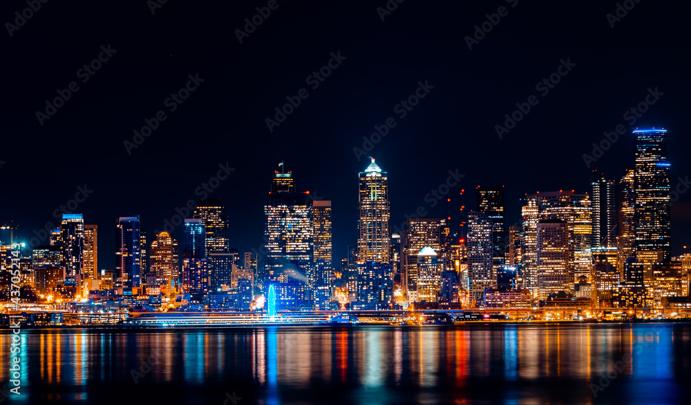 Seattle,Washington, USA - View of downtown Seattle skyline at night, Washington, USA