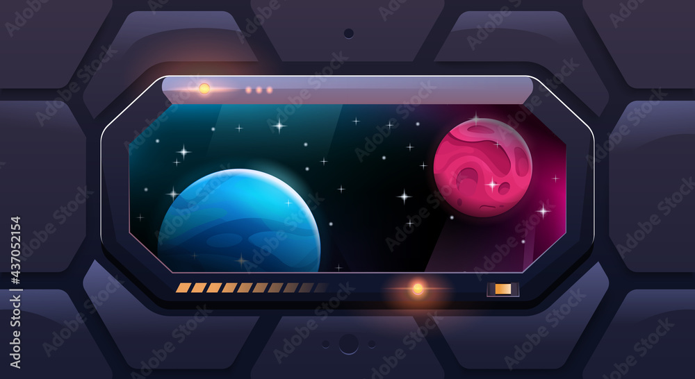 Big shuttle window on spaceship with view of other planets. Futuristic viewport. Vector cartoon style.