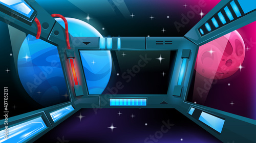 Spaceship interior. Space station window with view on alien planets and stars. Viewport with neon. Vector cartoon illustration.
