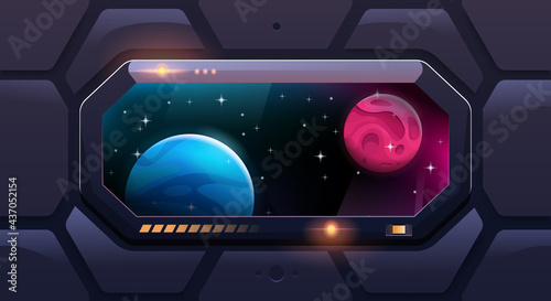 Fototapeta Naklejka Na Ścianę i Meble -  Big shuttle window on spaceship with view of other planets. Futuristic viewport. Vector cartoon style.