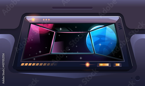 Fototapeta Naklejka Na Ścianę i Meble -  Viewport with a view of space and alien planets. Window from spaceship or shuttle. Vector design in cartoon style.