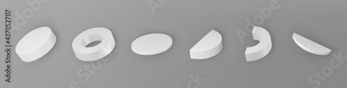 3d render white geometric shapes objects set isolated on grey background. White solid realistic primitives - cylinder, pipe, ring with shadows. Abstract decorative vector figure for trendy design