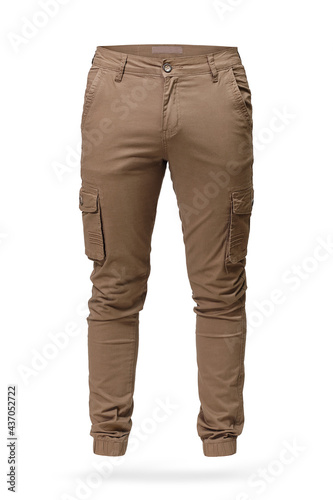 Brown male cargo pants or trousers isolated on white background.