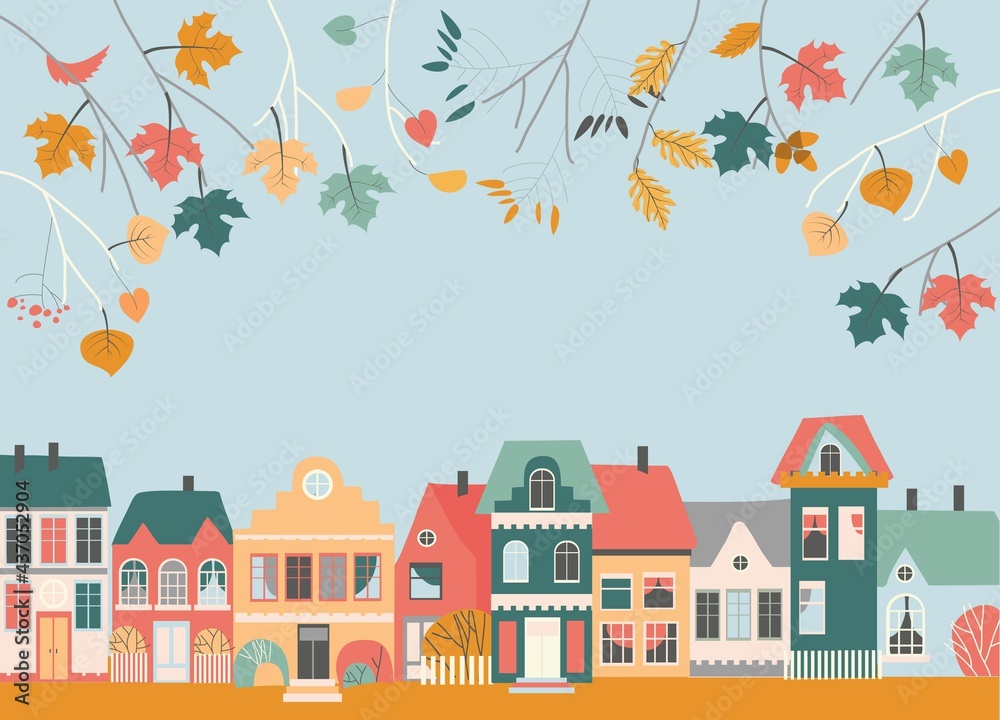 Cute Cartoon Little Town with Autumn Leaves Branches