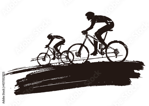Fototapeta Naklejka Na Ścianę i Meble -  Mountain bike cyclists, grunge stylized. 
Illustration of two cyclists on black expressive brush stroke. Isolated on white background. Vector available.