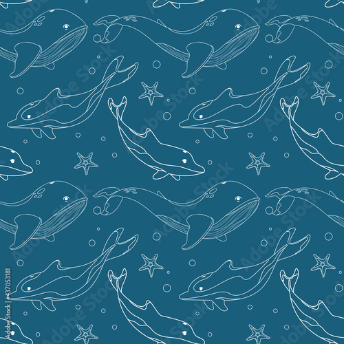 Seamless pattern with marine life, whales and dolphins. White contoured silhouette of marine animals. . EPS10.