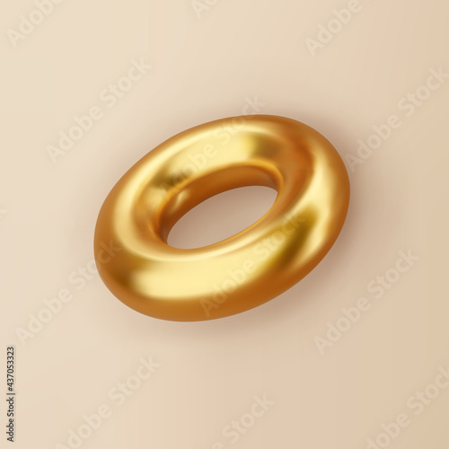 3d render gold geometric shape torus with shadows isolated on background. Golden glossy realistic primitive. Abstract decorative vector figure for trendy design