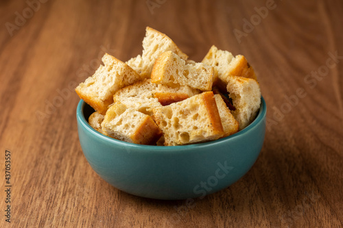 Delicious crunchy croutons on the table.