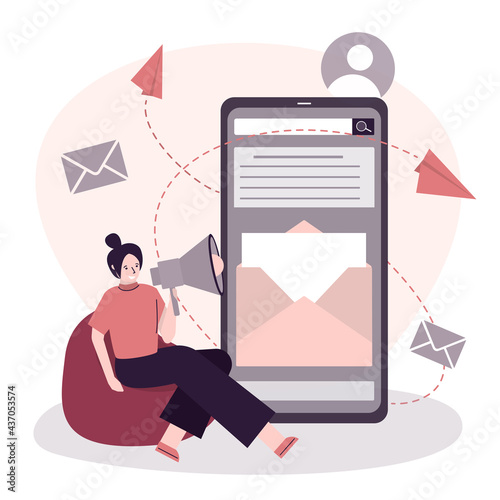 Woman uses megaphone, report about message on phone screen. Sitting female character announce about new letter. Promotion campaing. Receiving letters, notification and announcement.