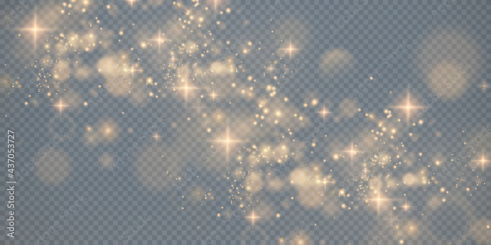 Gold dust PNG. Bokeh light lights effect background. Christmas background of shining dust Christmas glowing bokeh confetti and spark overlay texture for your design.