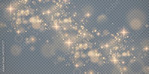Gold dust PNG. Bokeh light lights effect background. Christmas background of shining dust Christmas glowing bokeh confetti and spark overlay texture for your design.