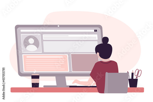 Female UI and UX designer build website on monitor. Woman at workplace codering internet site. Construction, developing and programming web page